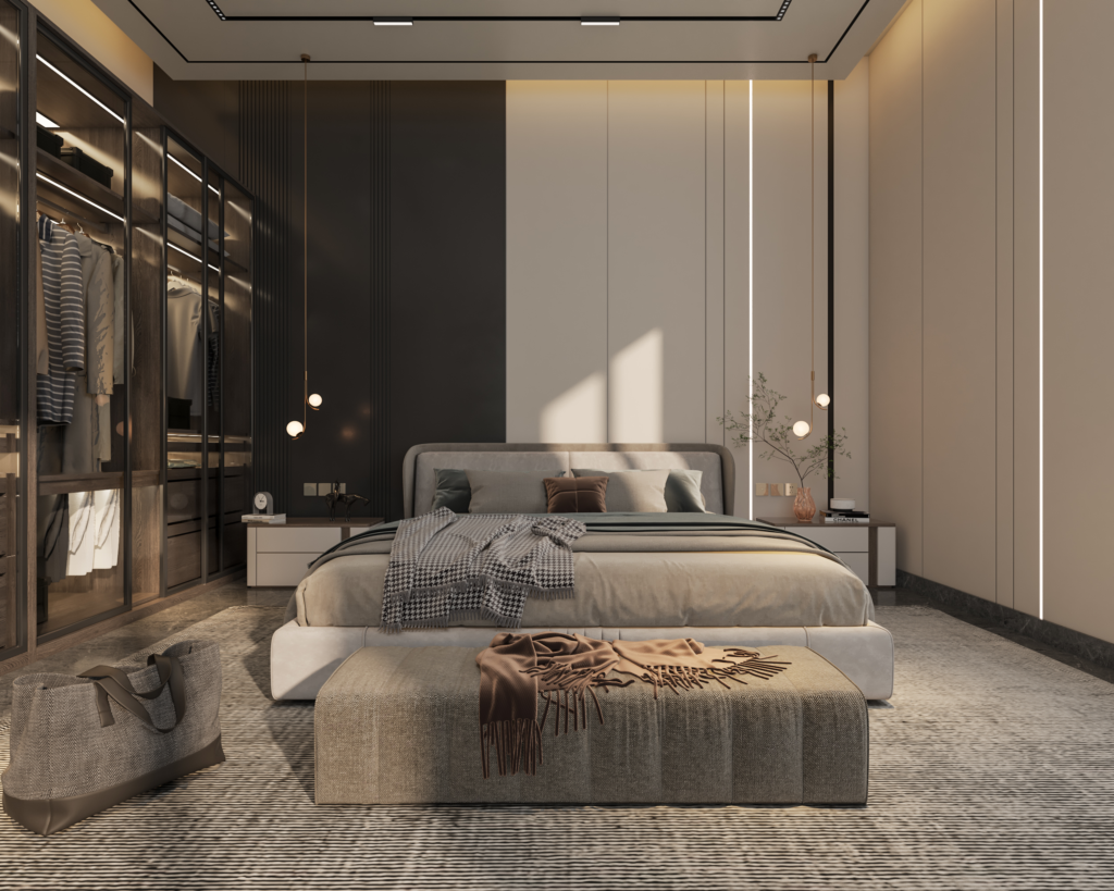 تصميم غرفة نوم فاخرة عصرية بإضاءة ذكية