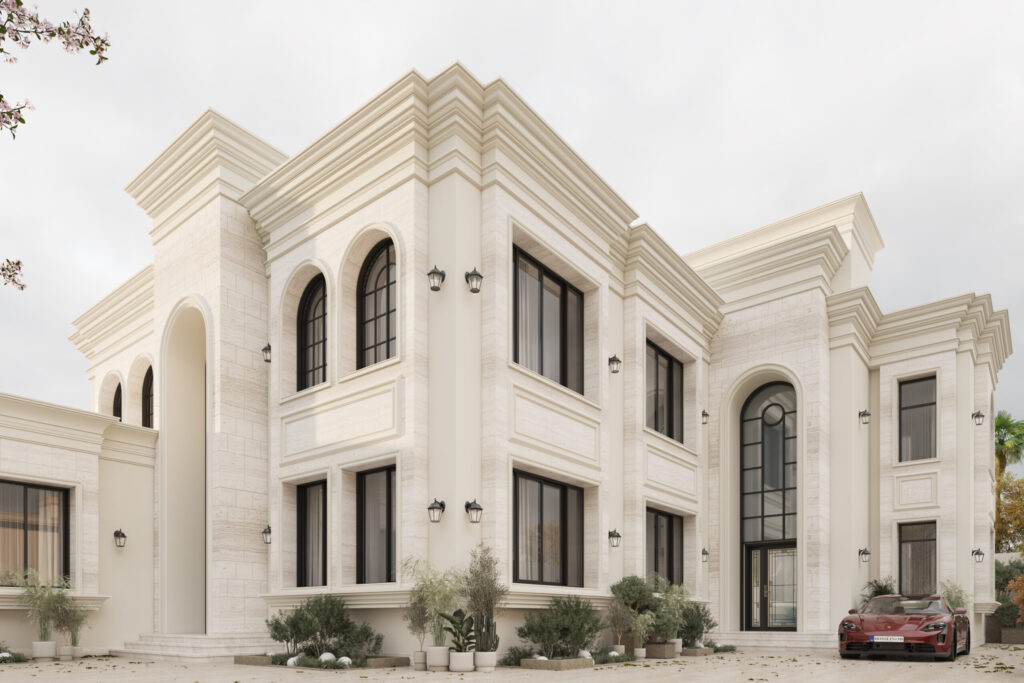 تصميم فيلا فاخرة يجمع بين الكلاسيكية الأوروبية والحداثة باستخدام واجهات أنيقة وتفاصيل معمارية دقيقة وإضاءة تعزز فخامة المشروع