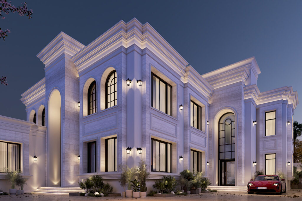 تصميم فيلا فاخرة يجمع بين الكلاسيكية الأوروبية والحداثة باستخدام واجهات أنيقة وتفاصيل معمارية دقيقة وإضاءة تعزز فخامة المشروع