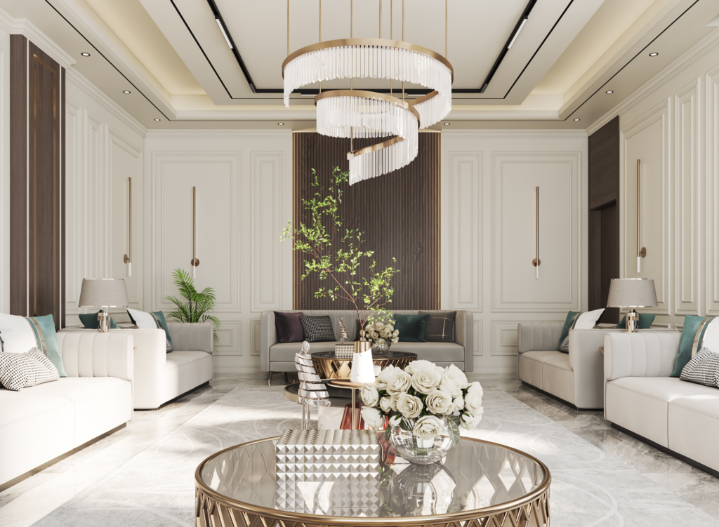تصميم مجالس فاخرة تجمع بين الطابع العربي الأصيل واللمسات العصرية باستخدام خامات راقية وتفاصيل دقيقة تعكس الفخامة والهوية