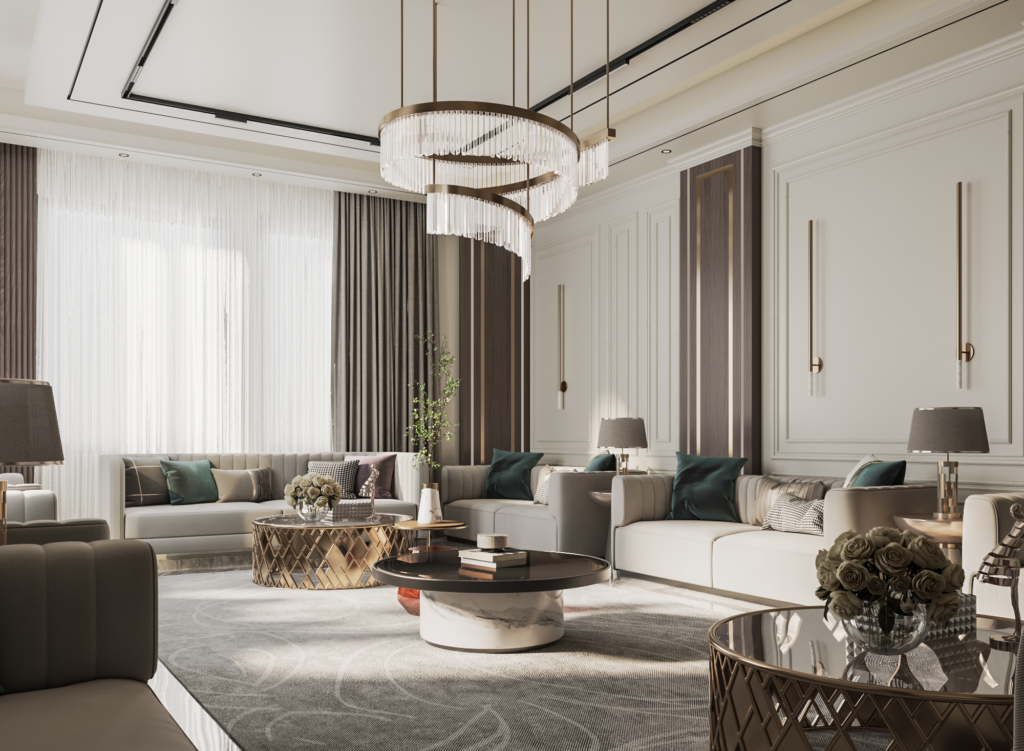 تصميم مجالس فاخرة تجمع بين الطابع العربي الأصيل واللمسات العصرية باستخدام خامات راقية وتفاصيل دقيقة تعكس الفخامة والهوية