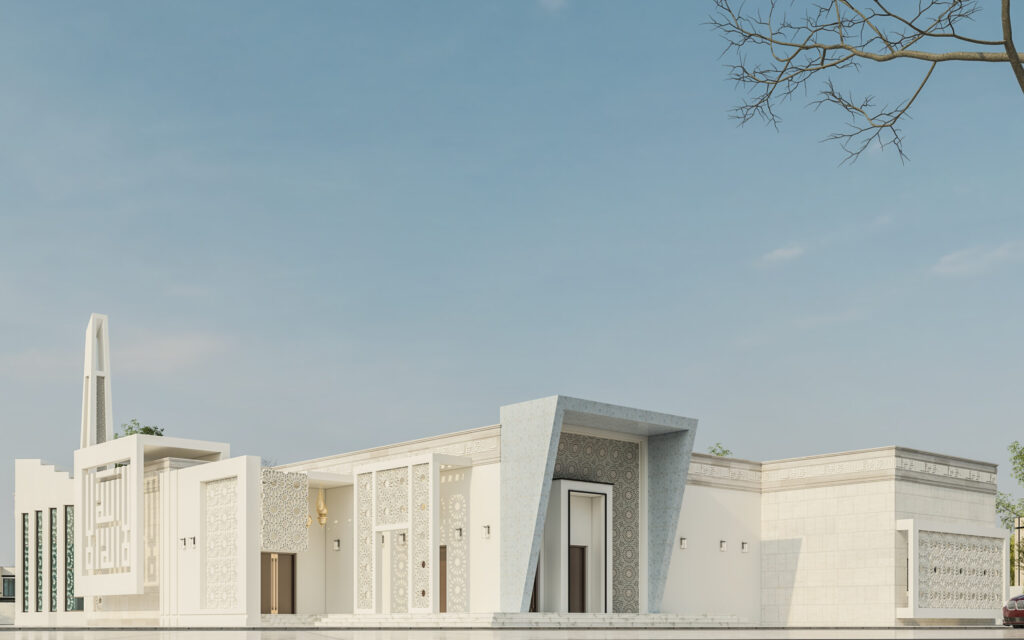 تصميم مسجد عصري يجمع بين الطابع الإسلامي الأصيل واللمسات الحديثة مع استخدام الزخارف الهندسية والإضاءة لإبراز الروحانية والجمال المعماري