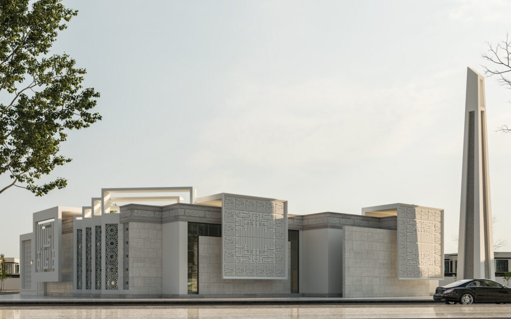 تصميم مسجد عصري يجمع بين الطابع الإسلامي الأصيل واللمسات الحديثة مع استخدام الزخارف الهندسية والإضاءة لإبراز الروحانية والجمال المعماري