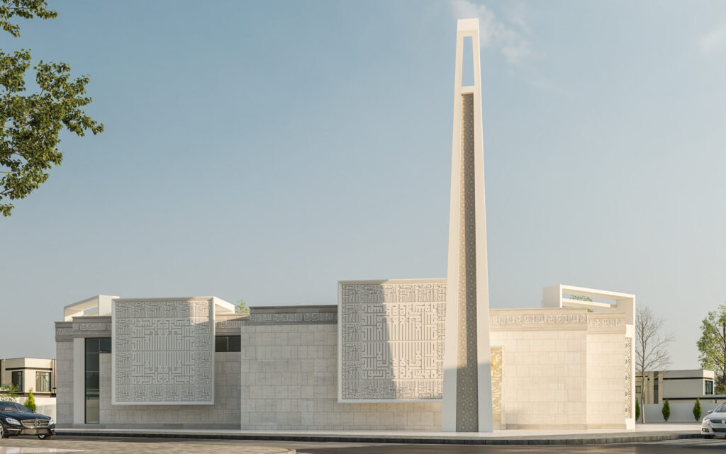 تصميم مسجد عصري يجمع بين الطابع الإسلامي الأصيل واللمسات الحديثة مع استخدام الزخارف الهندسية والإضاءة لإبراز الروحانية والجمال المعماري