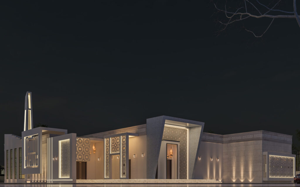 تصميم مسجد عصري يجمع بين الطابع الإسلامي الأصيل واللمسات الحديثة مع استخدام الزخارف الهندسية والإضاءة لإبراز الروحانية والجمال المعماري