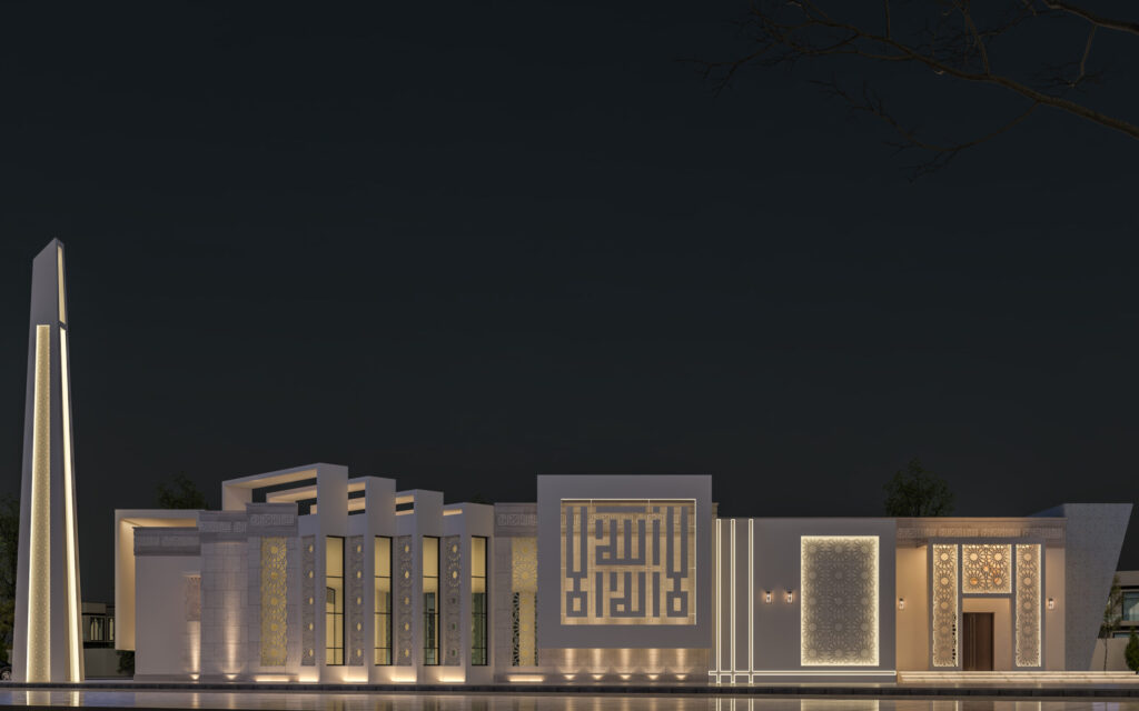 تصميم مسجد عصري يجمع بين الطابع الإسلامي الأصيل واللمسات الحديثة مع استخدام الزخارف الهندسية والإضاءة لإبراز الروحانية والجمال المعماري