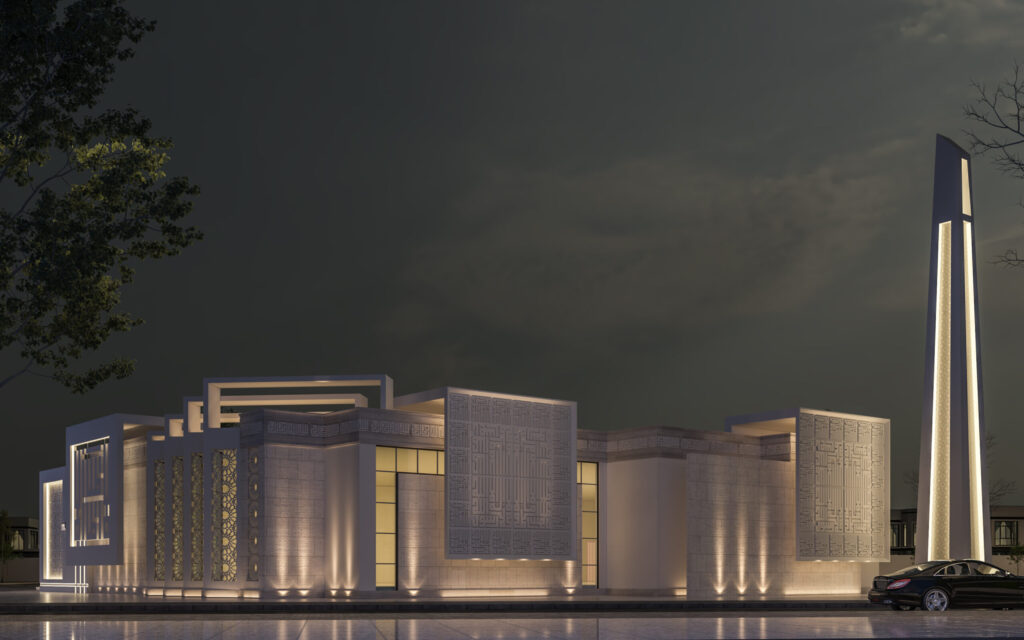 تصميم مسجد عصري يجمع بين الطابع الإسلامي الأصيل واللمسات الحديثة مع استخدام الزخارف الهندسية والإضاءة لإبراز الروحانية والجمال المعماري