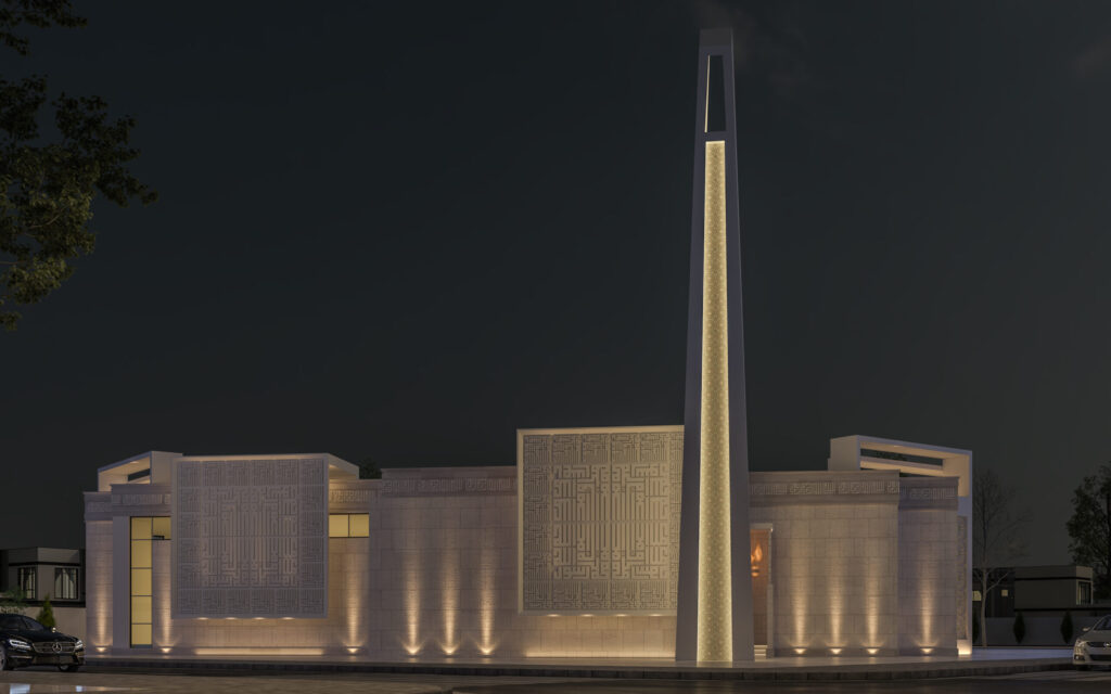 تصميم مسجد عصري يجمع بين الطابع الإسلامي الأصيل واللمسات الحديثة مع استخدام الزخارف الهندسية والإضاءة لإبراز الروحانية والجمال المعماري