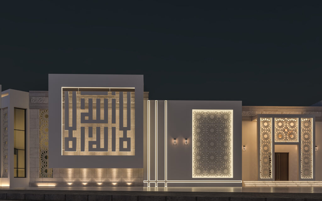 تصميم مسجد عصري يجمع بين الطابع الإسلامي الأصيل واللمسات الحديثة مع استخدام الزخارف الهندسية والإضاءة لإبراز الروحانية والجمال المعماري