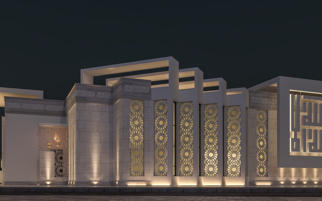 تصميم مسجد عصري يجمع بين الطابع الإسلامي الأصيل واللمسات الحديثة مع استخدام الزخارف الهندسية والإضاءة لإبراز الروحانية والجمال المعماري