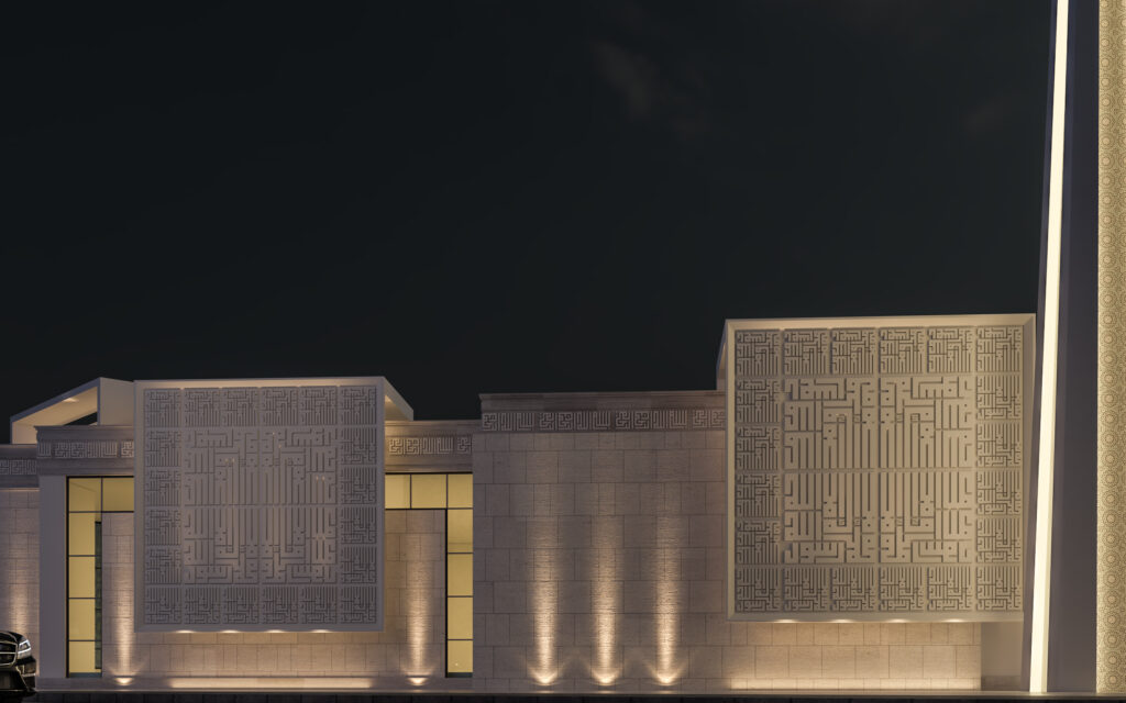 تصميم مسجد عصري يجمع بين الطابع الإسلامي الأصيل واللمسات الحديثة مع استخدام الزخارف الهندسية والإضاءة لإبراز الروحانية والجمال المعماري