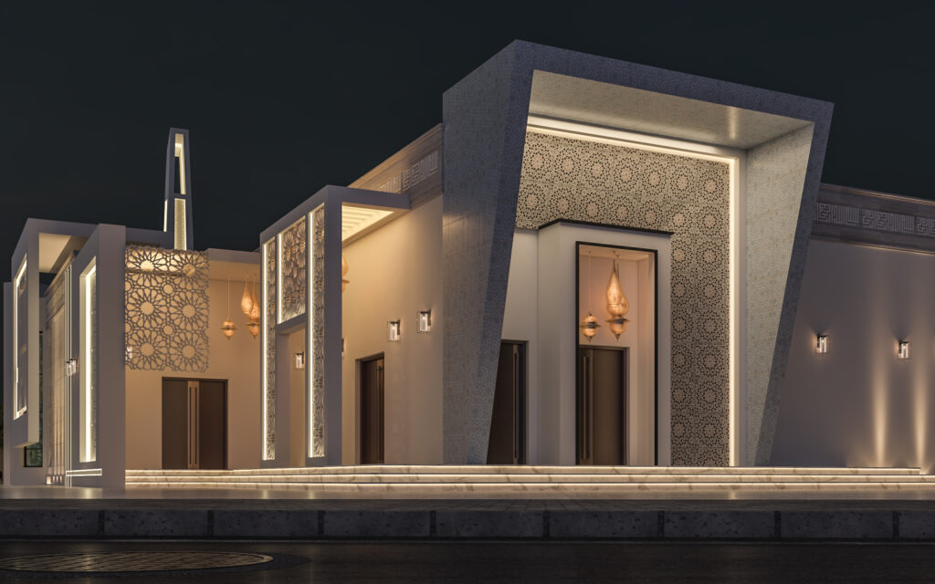 تصميم مسجد عصري يجمع بين الطابع الإسلامي الأصيل واللمسات الحديثة مع استخدام الزخارف الهندسية والإضاءة لإبراز الروحانية والجمال المعماري